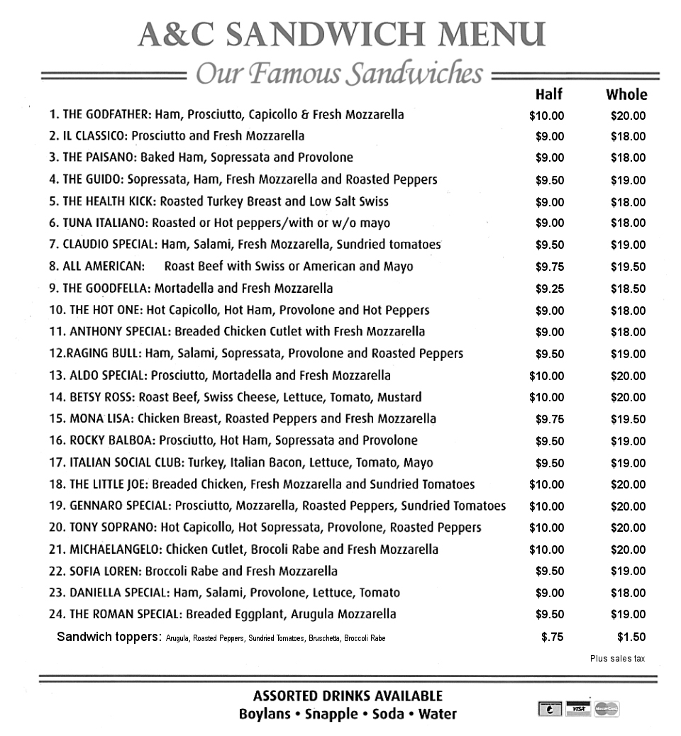 A & C sandwich menu